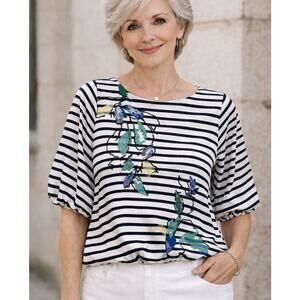 Chico’s Size 0 Striped Top Floral Embellished Bubble Hem Blouse Navy White